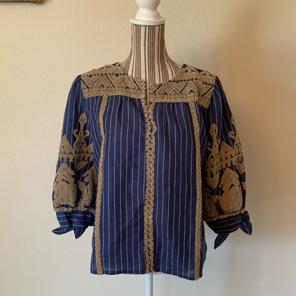 Sundance Inspired Artist Blue Striped Top Linen Women’s S - Picture 7 of 11